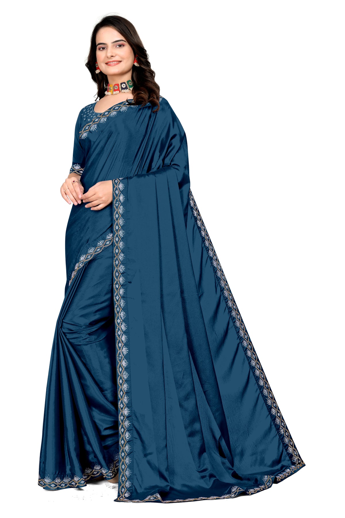 Chinon Saree with Silver & Gold Diamonds Border | Bridal, Party Wear | Affordable Price