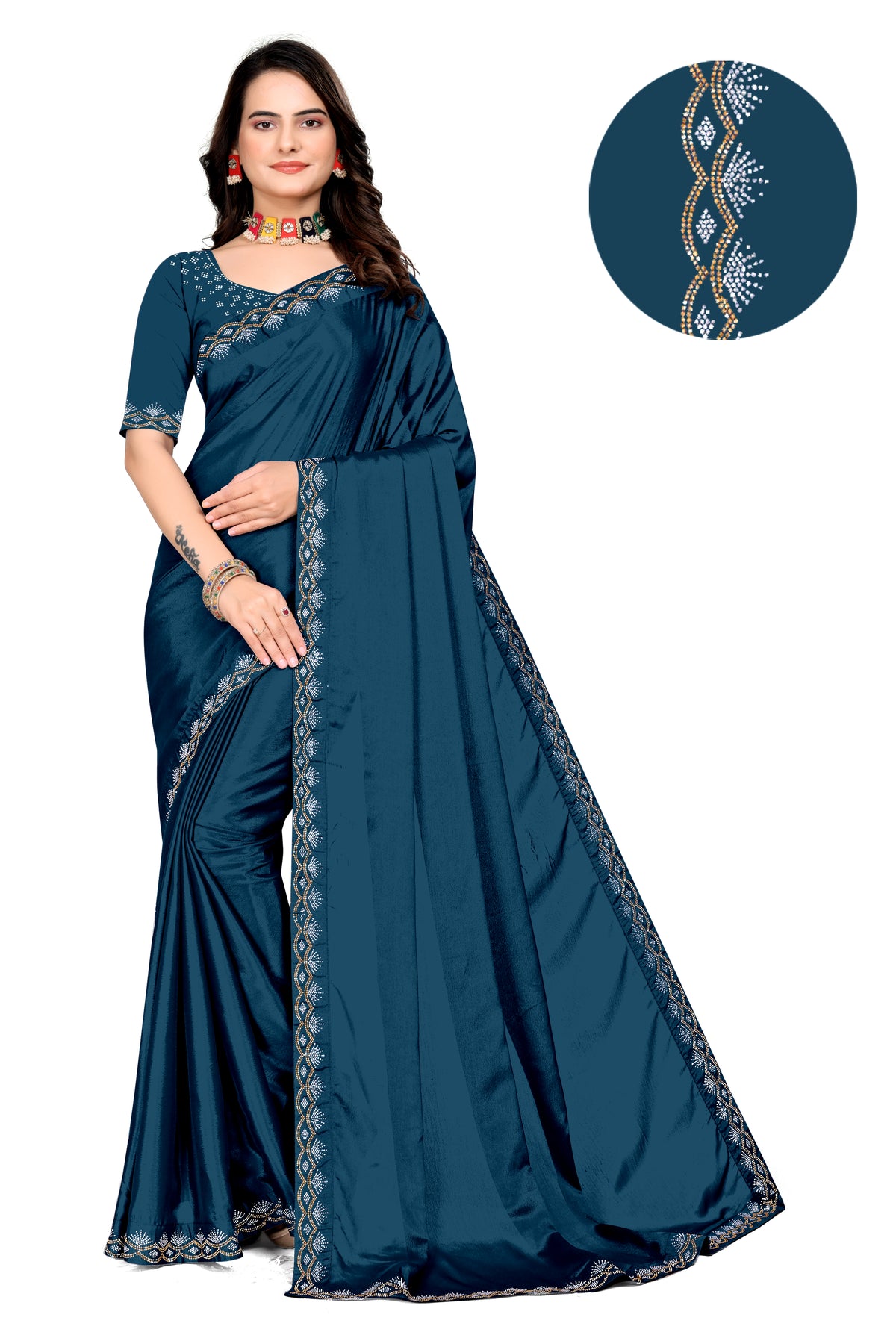 Chinon Saree with Silver & Gold Diamonds Border | Bridal, Party Wear | Affordable Price