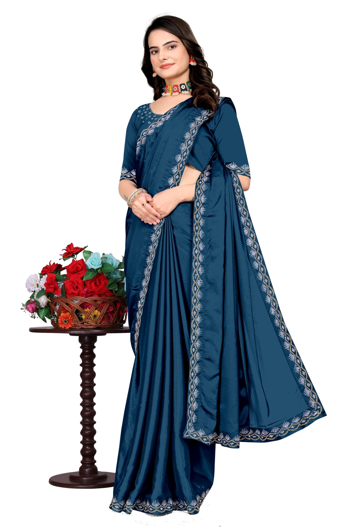 Chinon Saree with Silver & Gold Diamonds Border | Bridal, Party Wear | Affordable Price