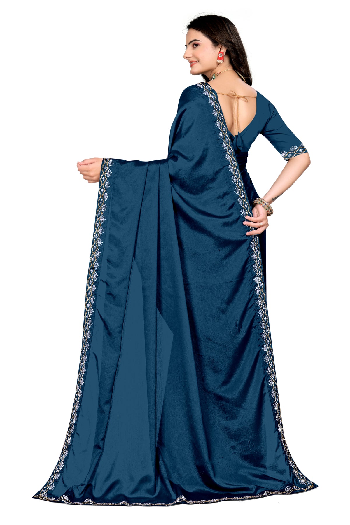 Chinon Saree with Silver & Gold Diamonds Border | Bridal, Party Wear | Affordable Price