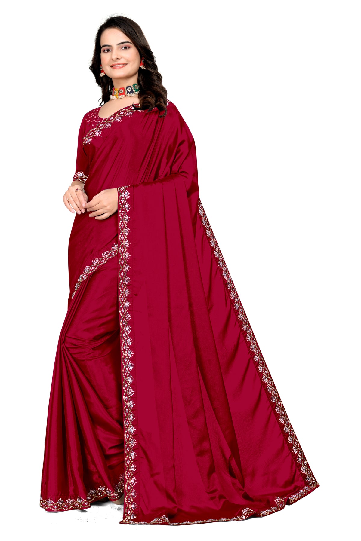 Chinon Saree with Silver & Gold Diamonds Border | Bridal, Party Wear | Affordable Price