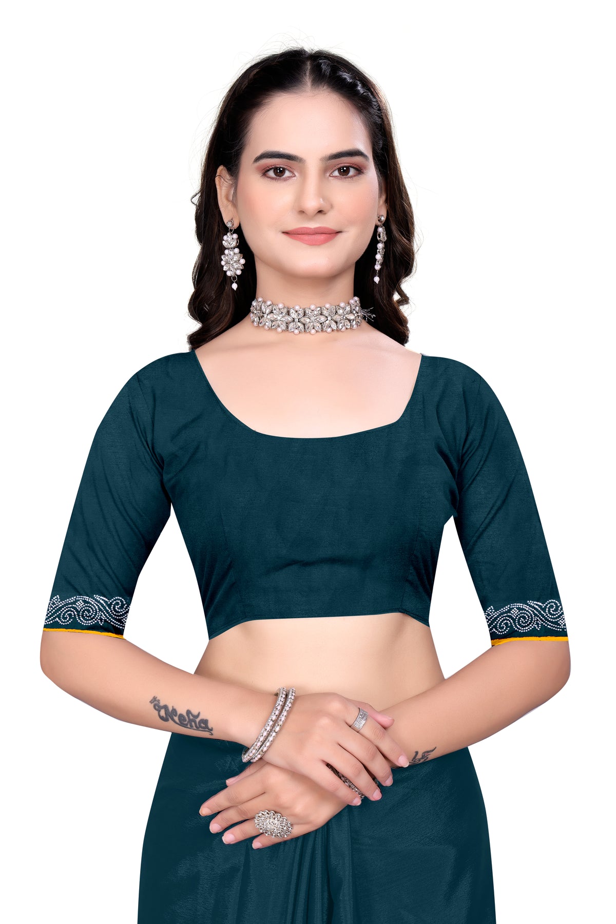 Chinon Saree with Heavy Silver Hotfix Diamonds Work | Eye-Catching Party Wear