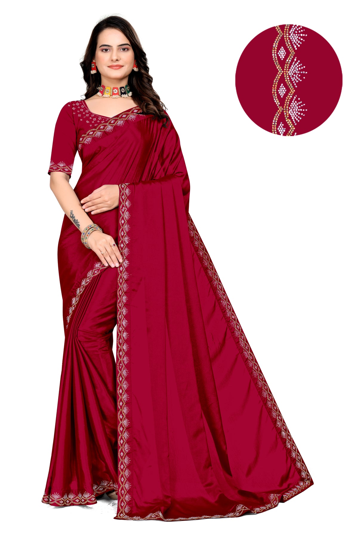 Chinon Saree with Silver & Gold Diamonds Border | Bridal, Party Wear | Affordable Price