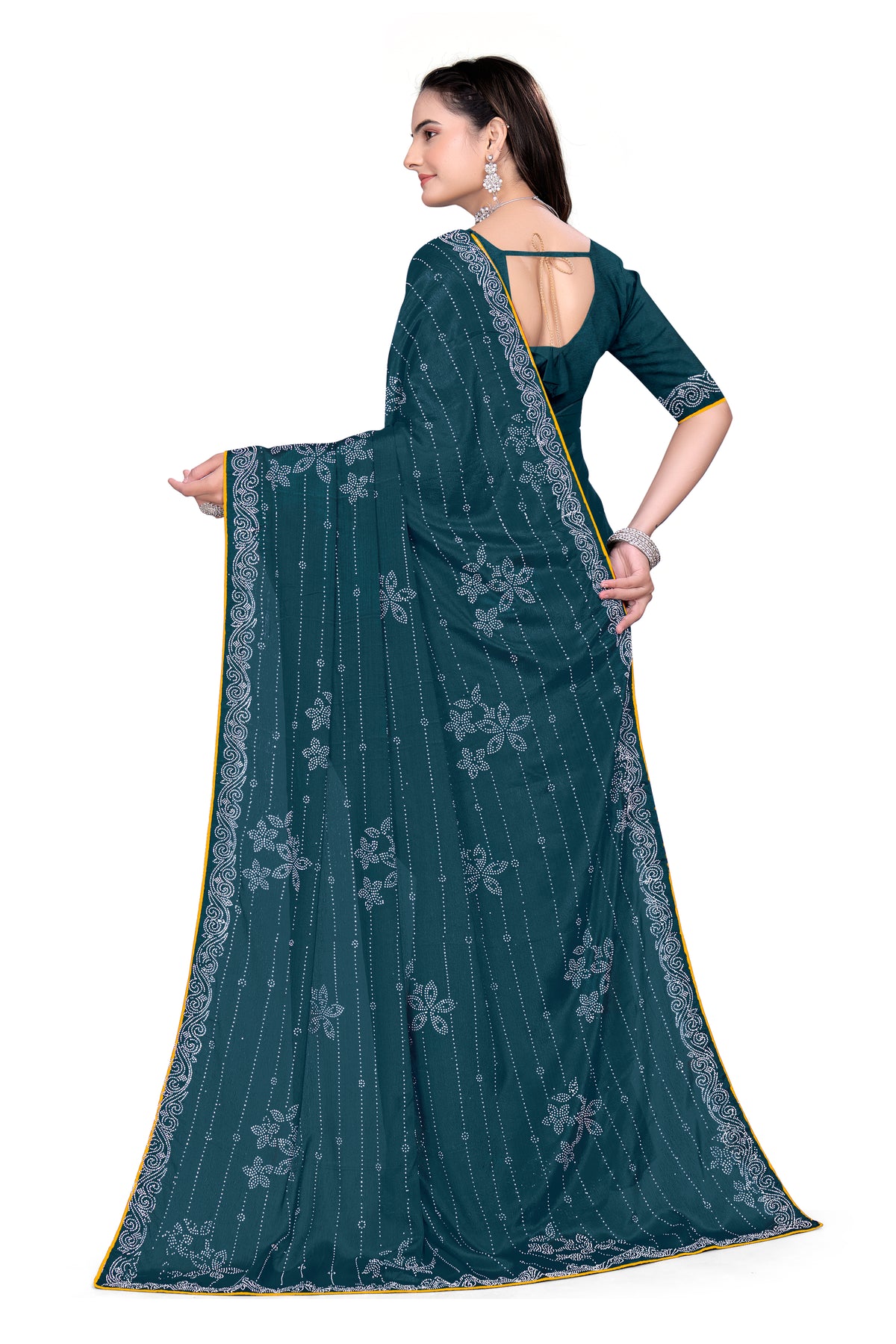 Chinon Saree with Heavy Silver Hotfix Diamonds Work | Eye-Catching Party Wear