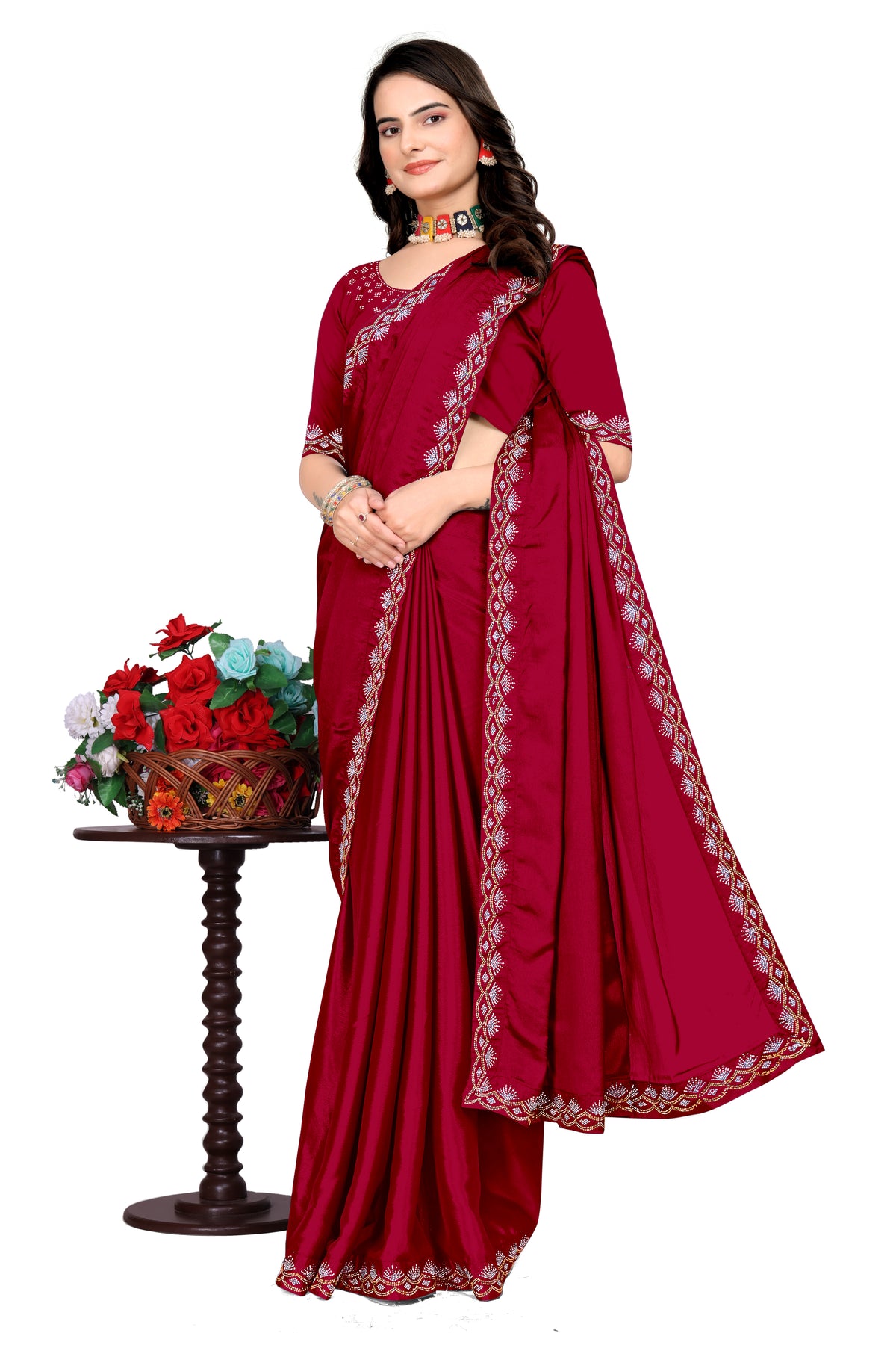 Chinon Saree with Silver & Gold Diamonds Border | Bridal, Party Wear | Affordable Price