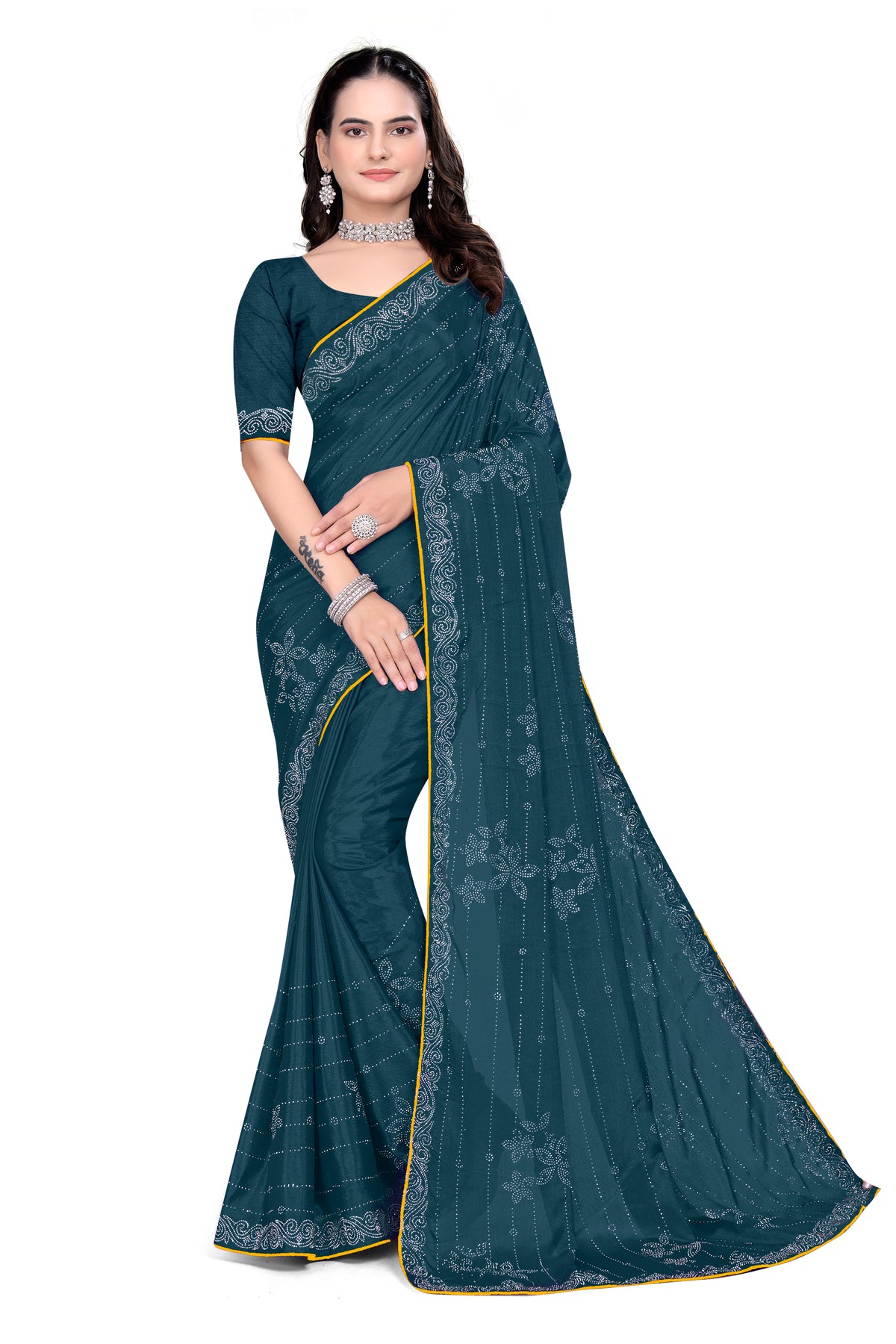 Chinon Saree with Heavy Silver Hotfix Diamonds Work | Eye-Catching Party Wear