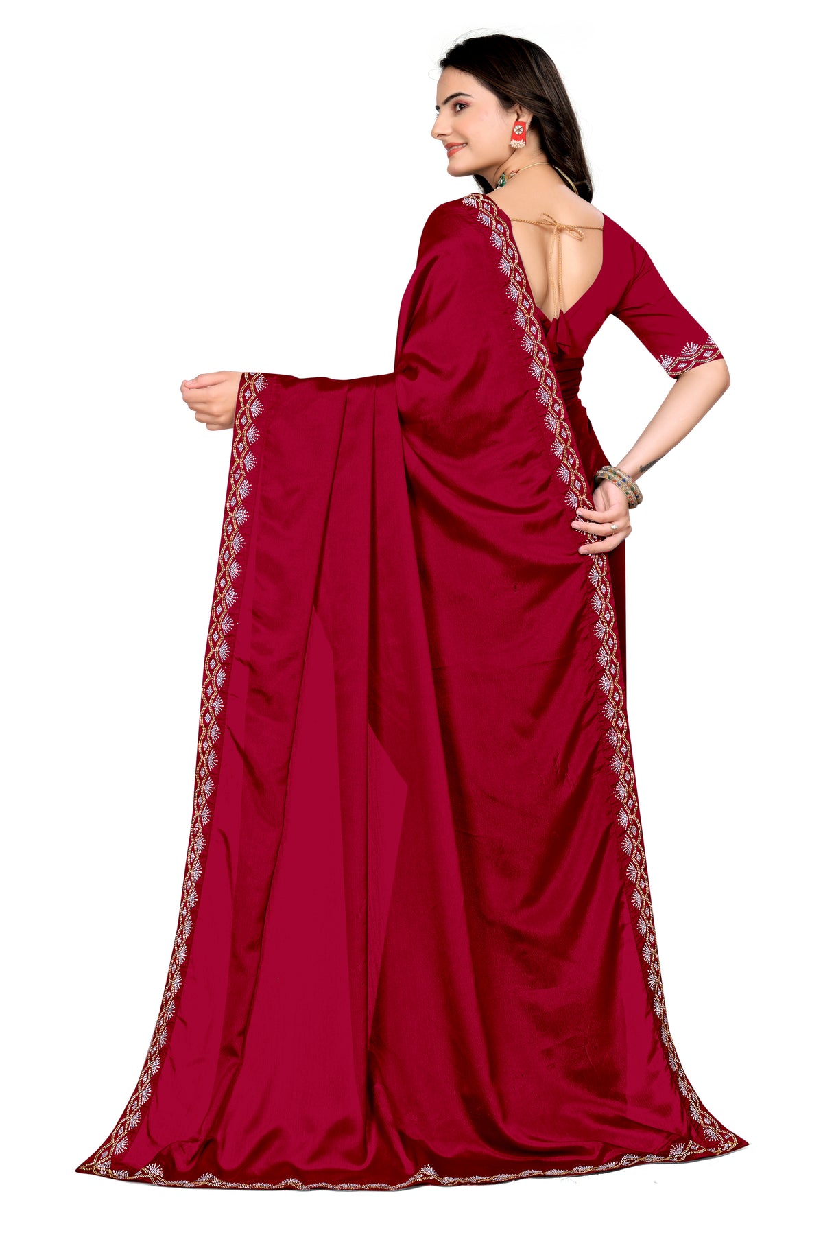 Chinon Saree with Silver & Gold Diamonds Border | Bridal, Party Wear | Affordable Price