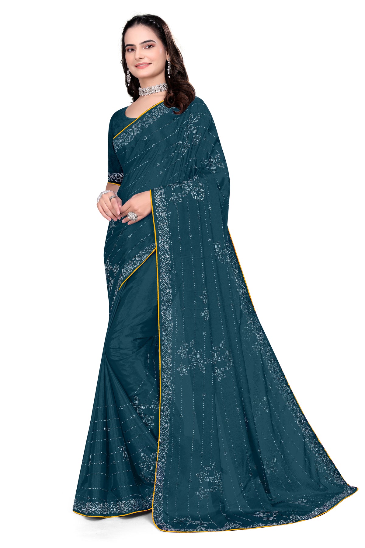 Chinon Saree with Heavy Silver Hotfix Diamonds Work | Eye-Catching Party Wear