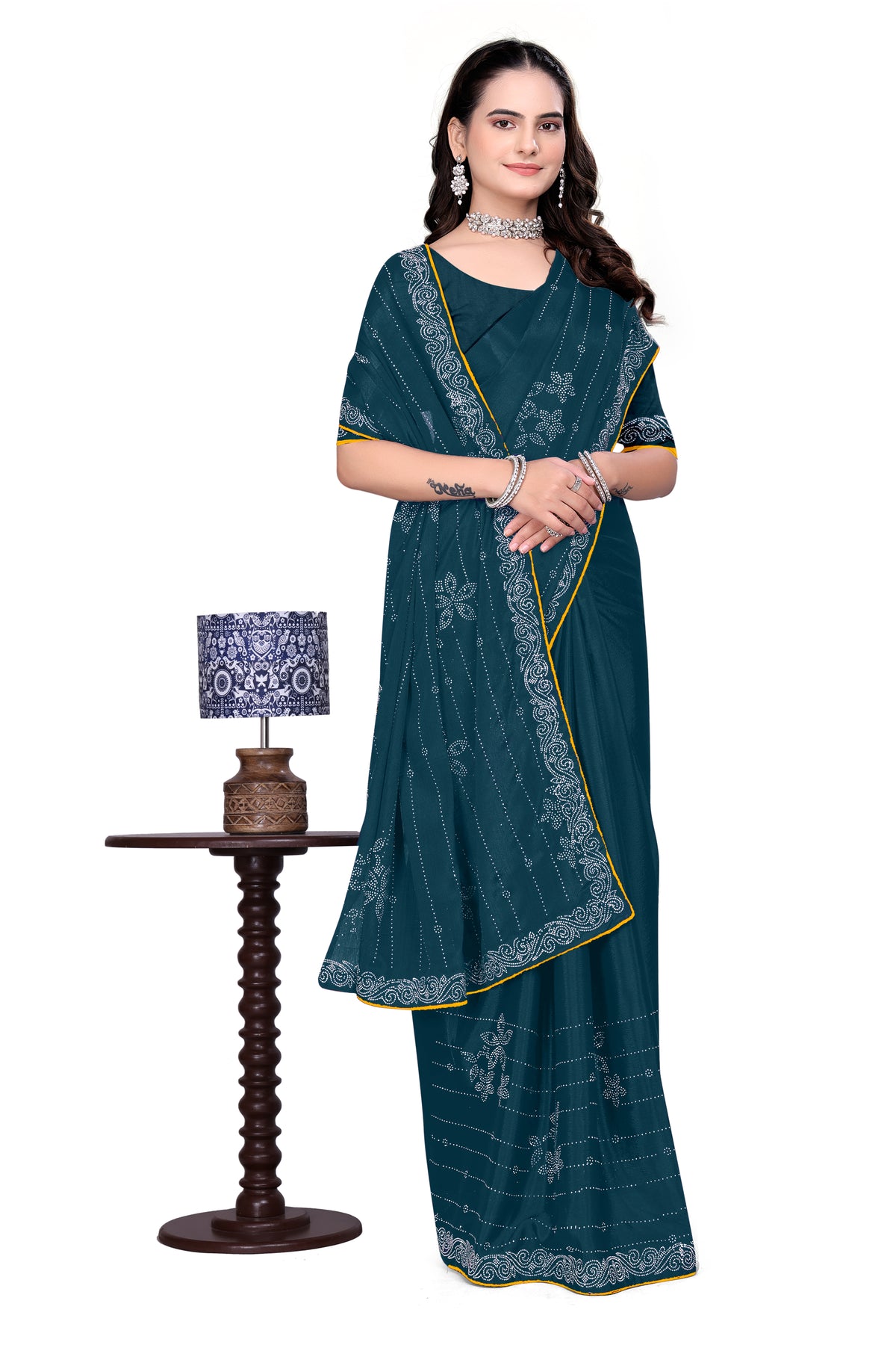 Chinon Saree with Heavy Silver Hotfix Diamonds Work | Eye-Catching Party Wear