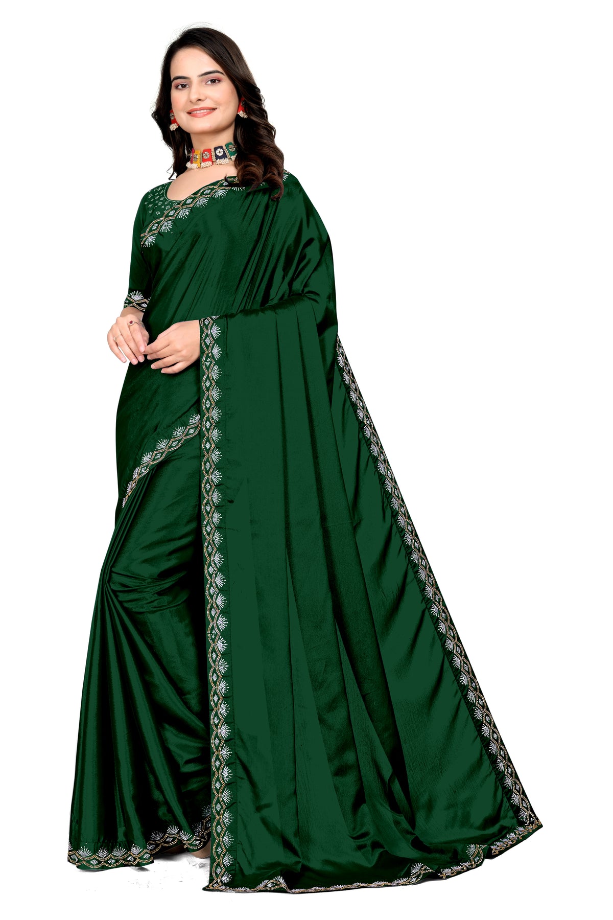 Chinon Saree with Silver & Gold Diamonds Border | Bridal, Party Wear | Affordable Price