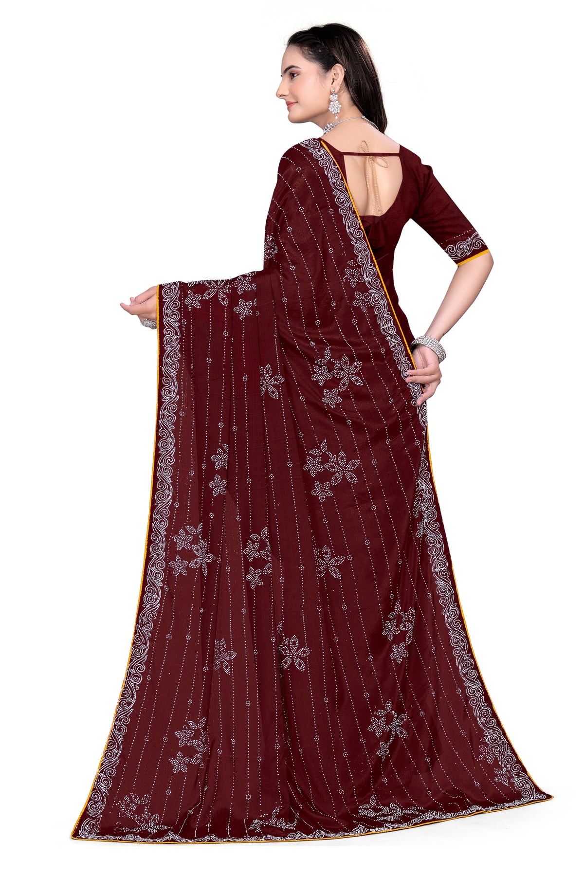 Chinon Saree with Heavy Silver Hotfix Diamonds Work | Eye-Catching Party Wear