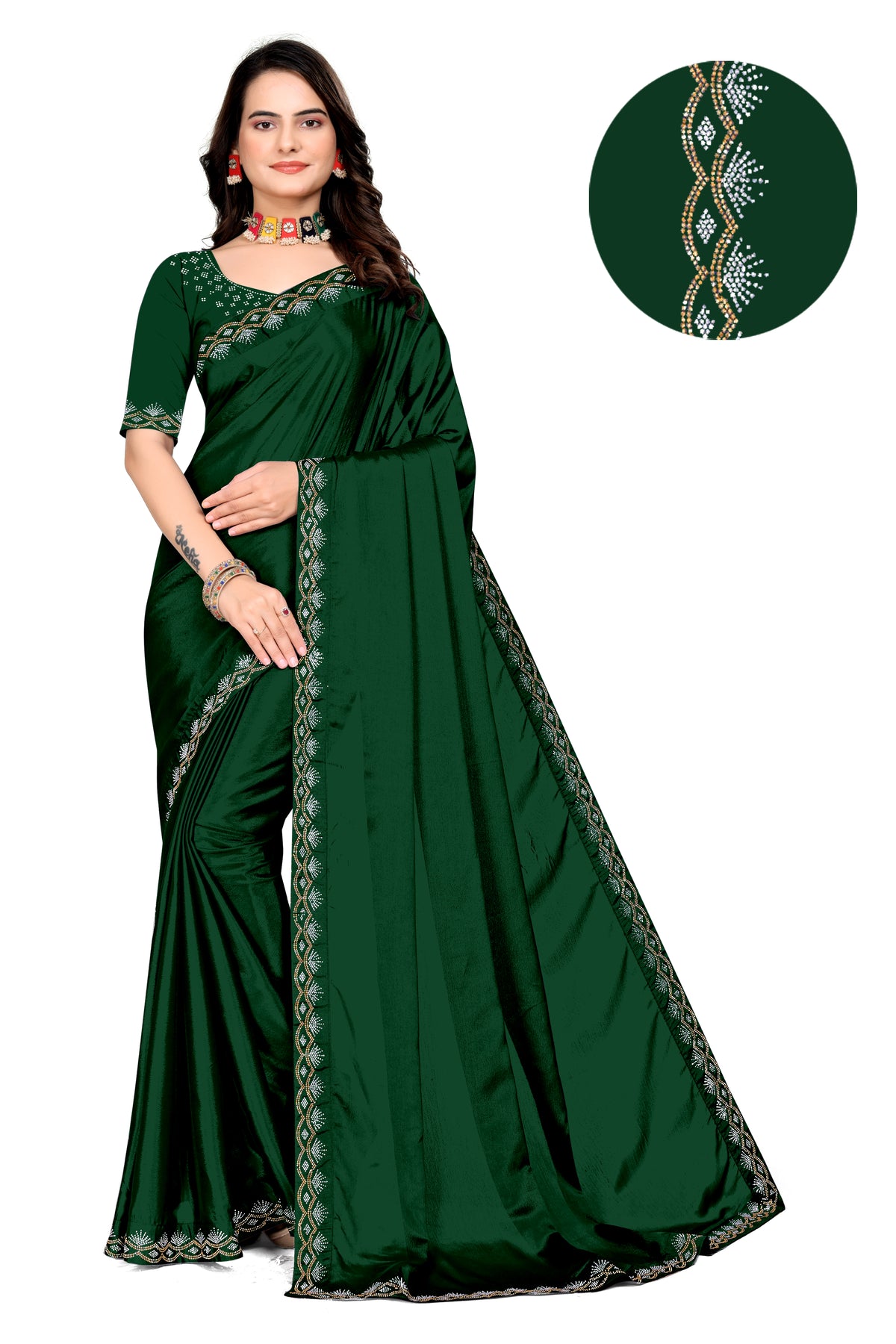 Chinon Saree with Silver & Gold Diamonds Border | Bridal, Party Wear | Affordable Price