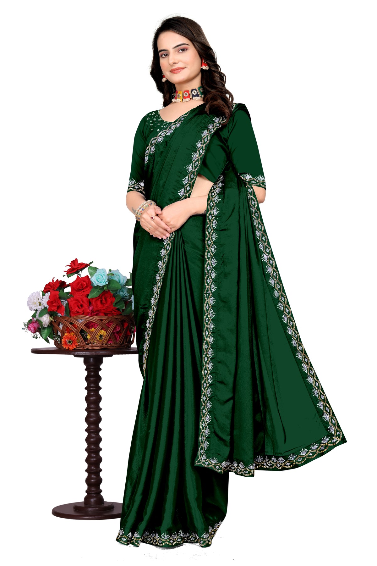 Chinon Saree with Silver & Gold Diamonds Border | Bridal, Party Wear | Affordable Price