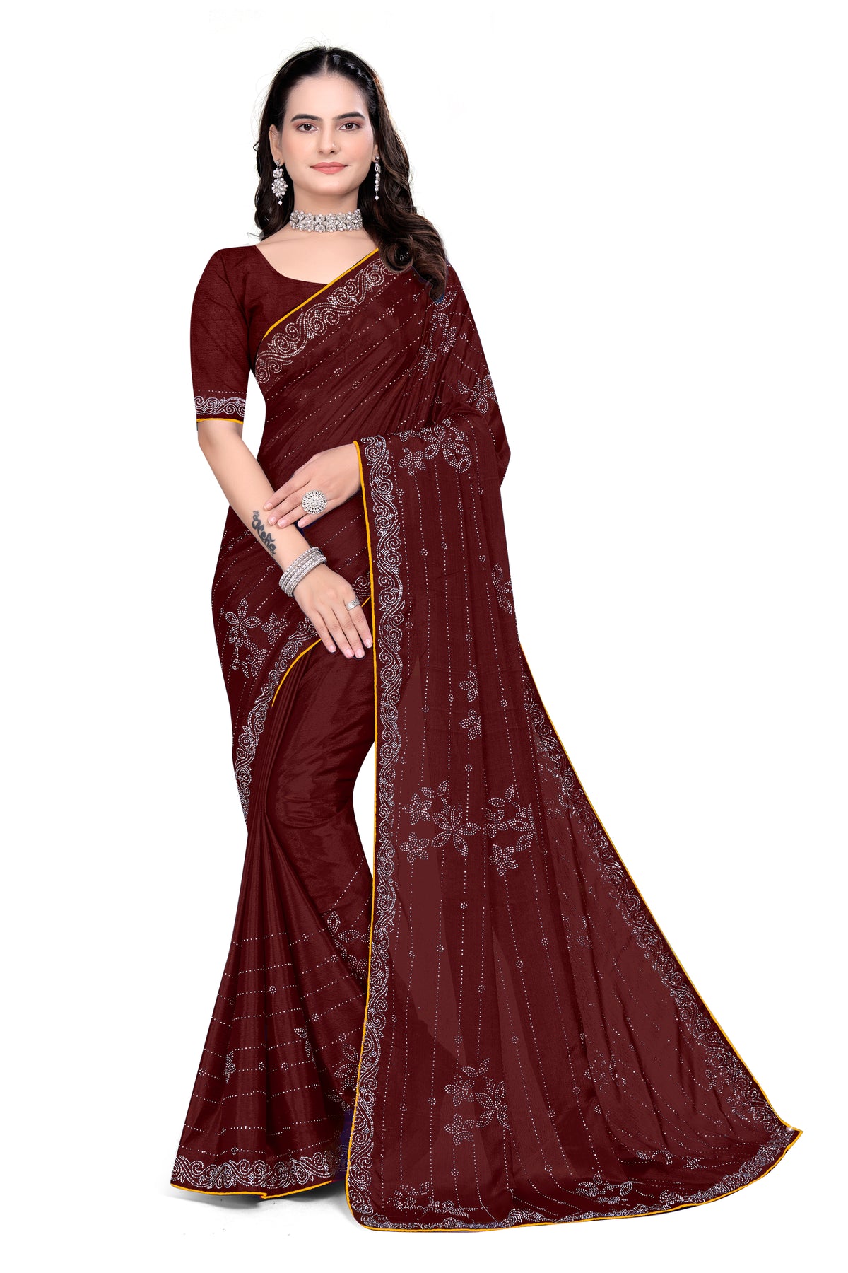 Chinon Saree with Heavy Silver Hotfix Diamonds Work | Eye-Catching Party Wear