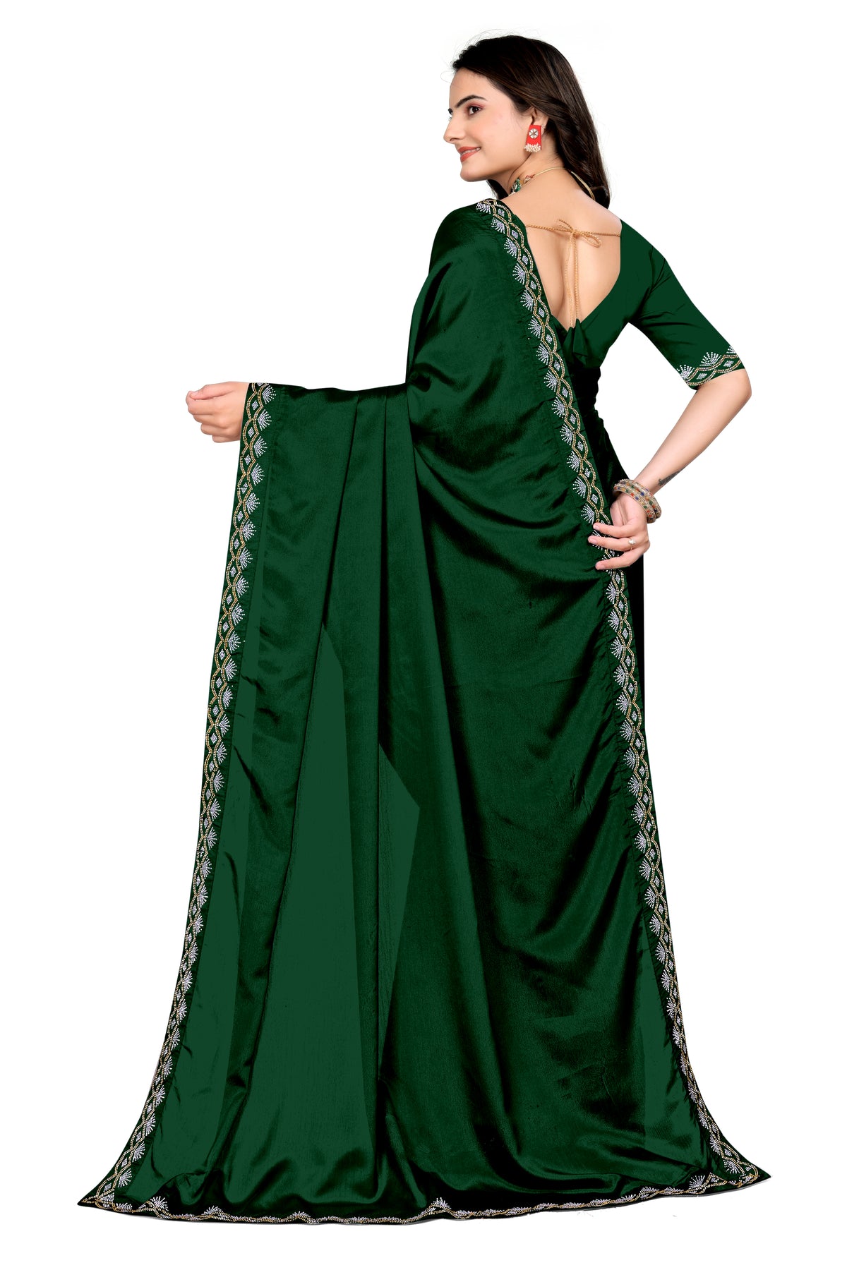 Chinon Saree with Silver & Gold Diamonds Border | Bridal, Party Wear | Affordable Price