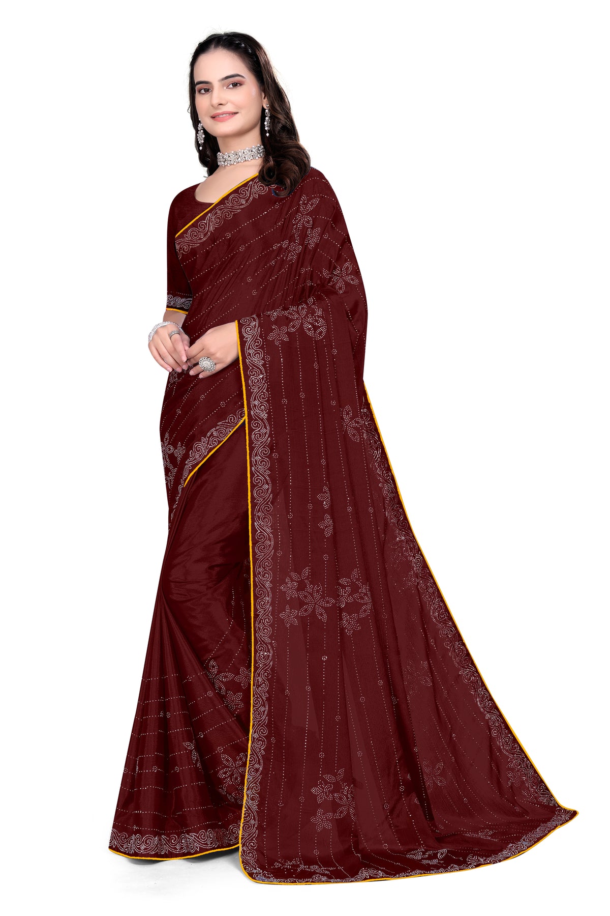 Chinon Saree with Heavy Silver Hotfix Diamonds Work | Eye-Catching Party Wear