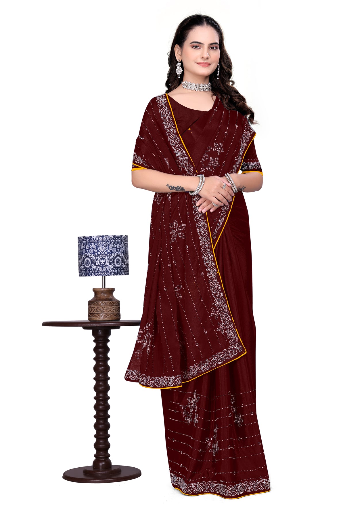 Chinon Saree with Heavy Silver Hotfix Diamonds Work | Eye-Catching Party Wear
