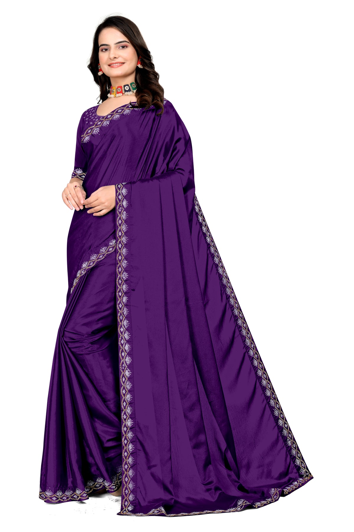 Chinon Saree with Silver & Gold Diamonds Border | Bridal, Party Wear | Affordable Price