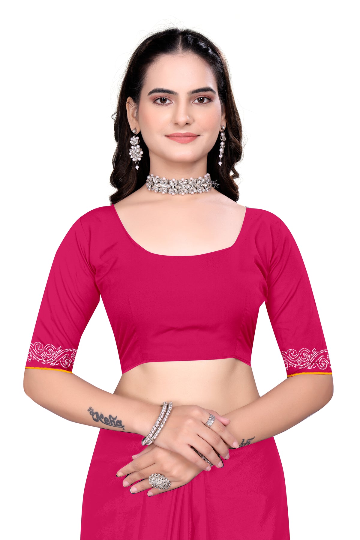Chinon Saree with Heavy Silver Hotfix Diamonds Work | Eye-Catching Party Wear