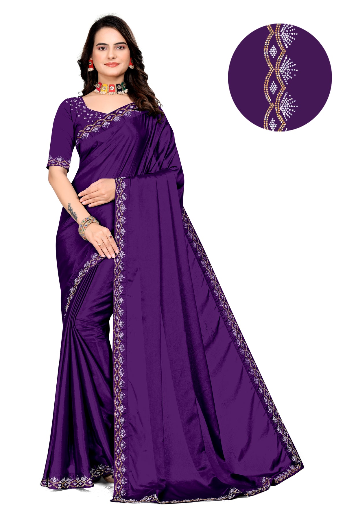 Chinon Saree with Silver & Gold Diamonds Border | Bridal, Party Wear | Affordable Price