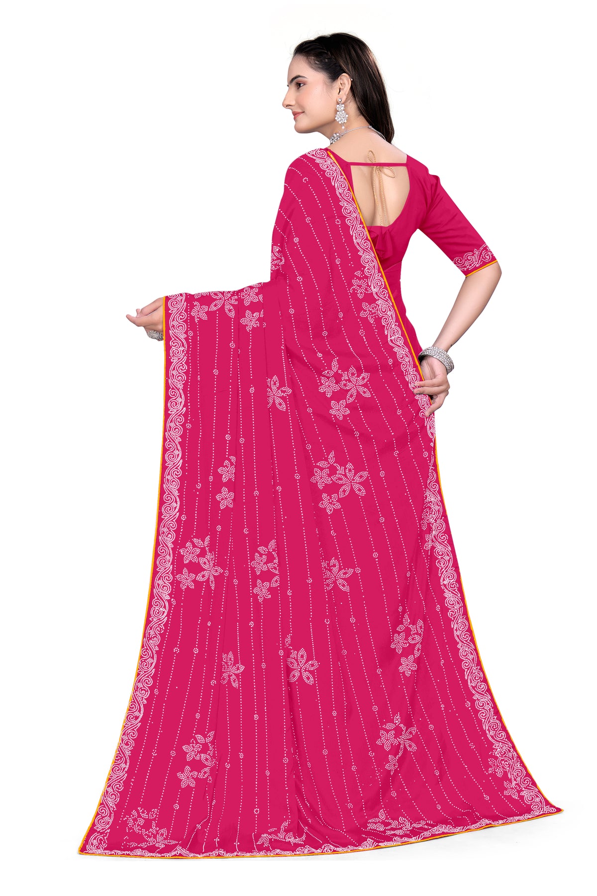 Chinon Saree with Heavy Silver Hotfix Diamonds Work | Eye-Catching Party Wear