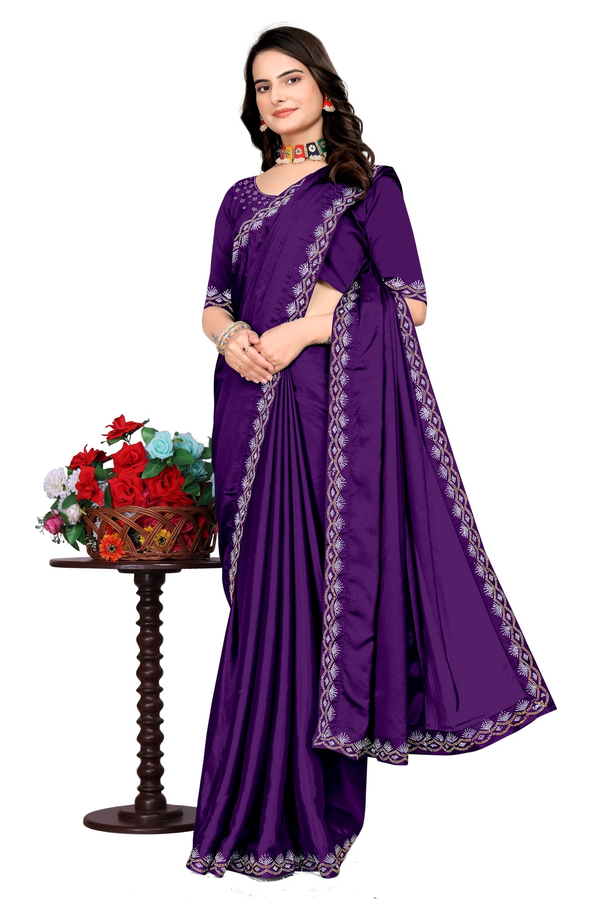 Chinon Saree with Silver & Gold Diamonds Border | Bridal, Party Wear | Affordable Price