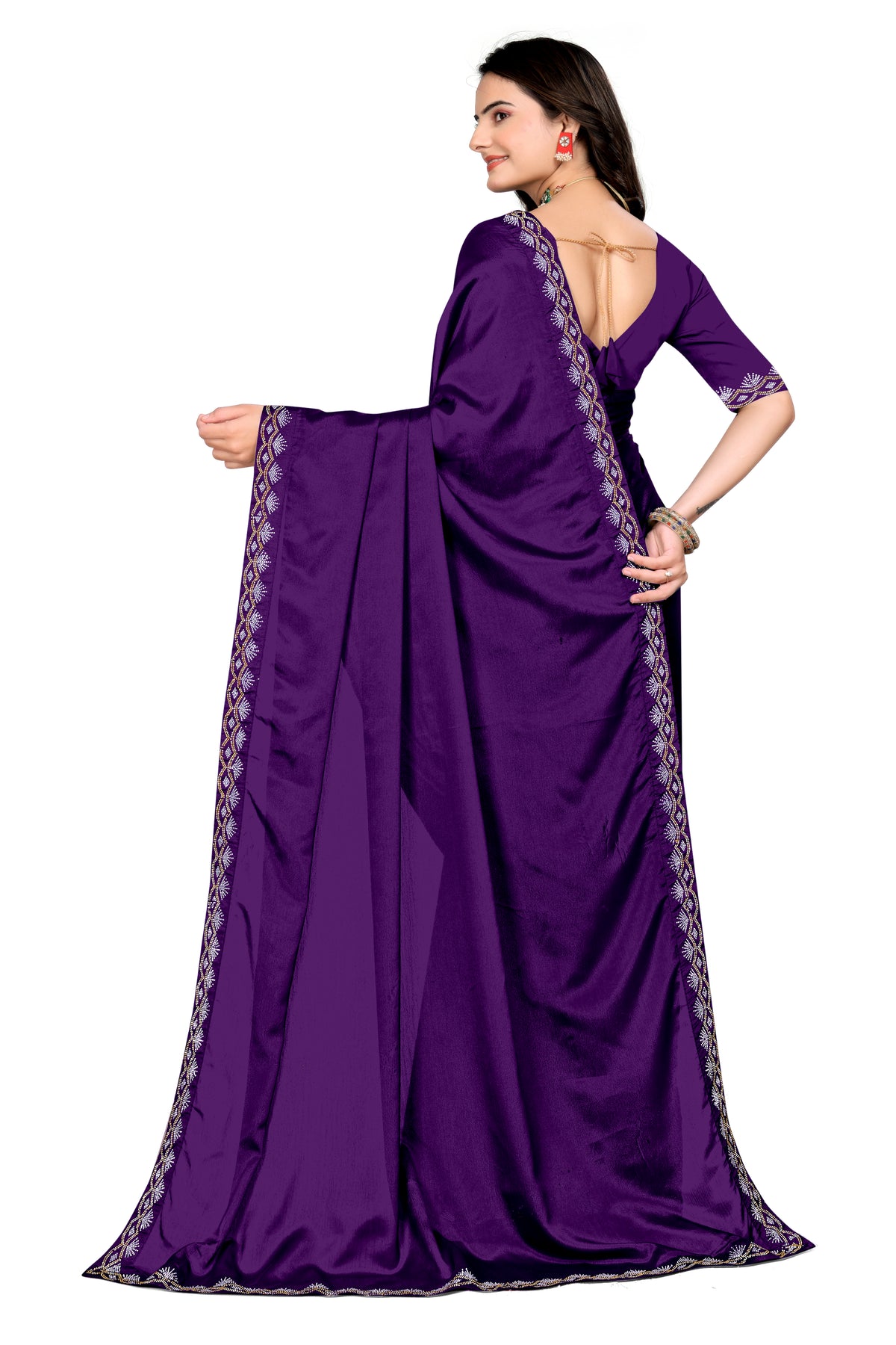 Chinon Saree with Silver & Gold Diamonds Border | Bridal, Party Wear | Affordable Price