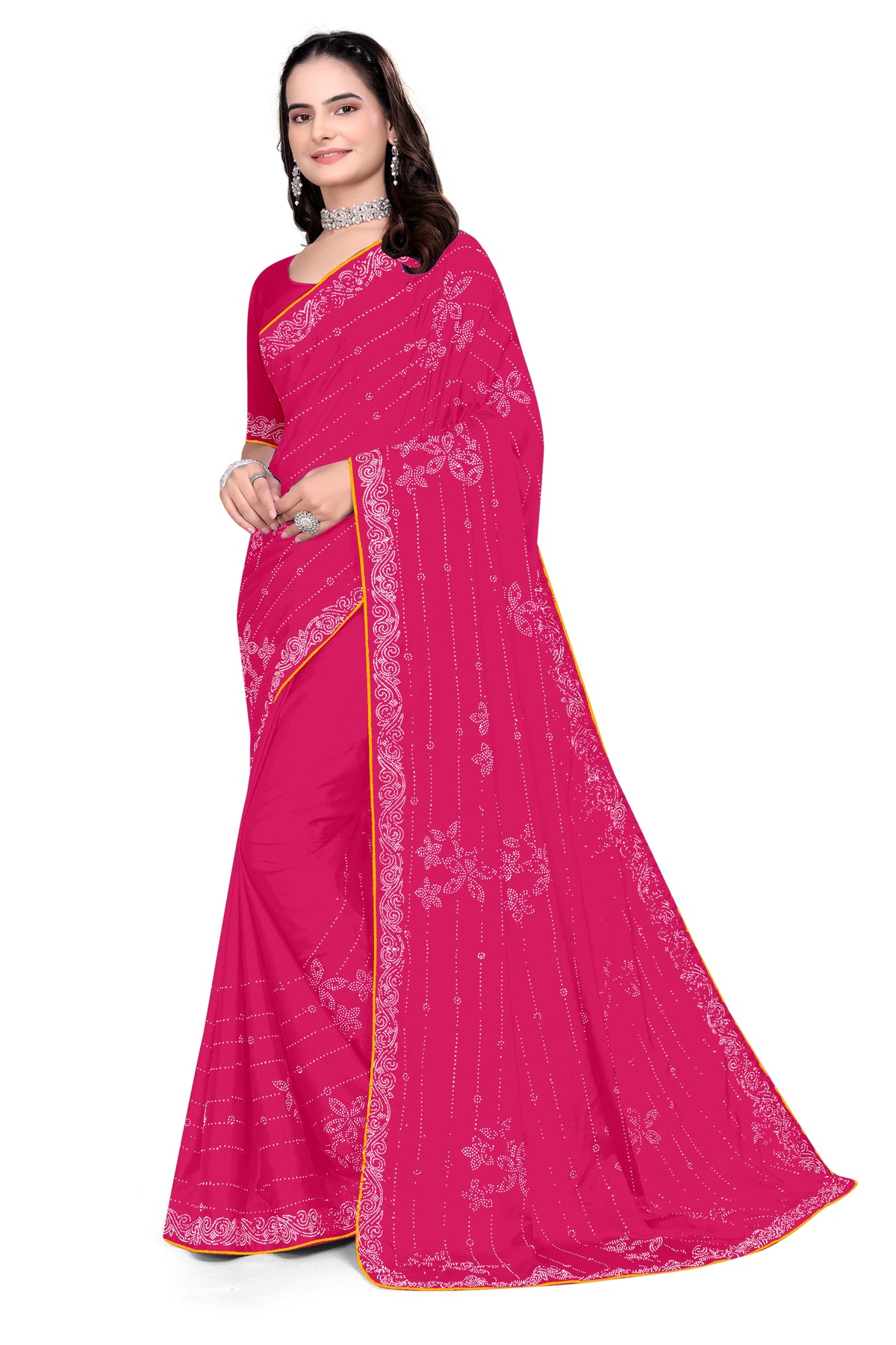 Chinon Saree with Heavy Silver Hotfix Diamonds Work | Eye-Catching Party Wear