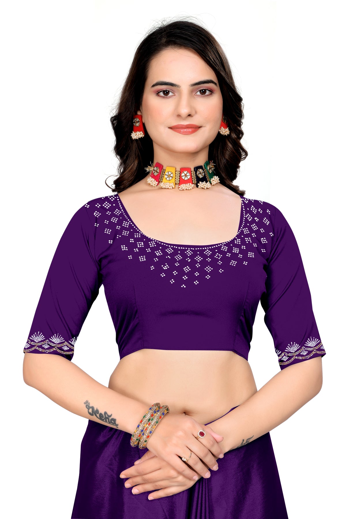 Chinon Saree with Silver & Gold Diamonds Border | Bridal, Party Wear | Affordable Price