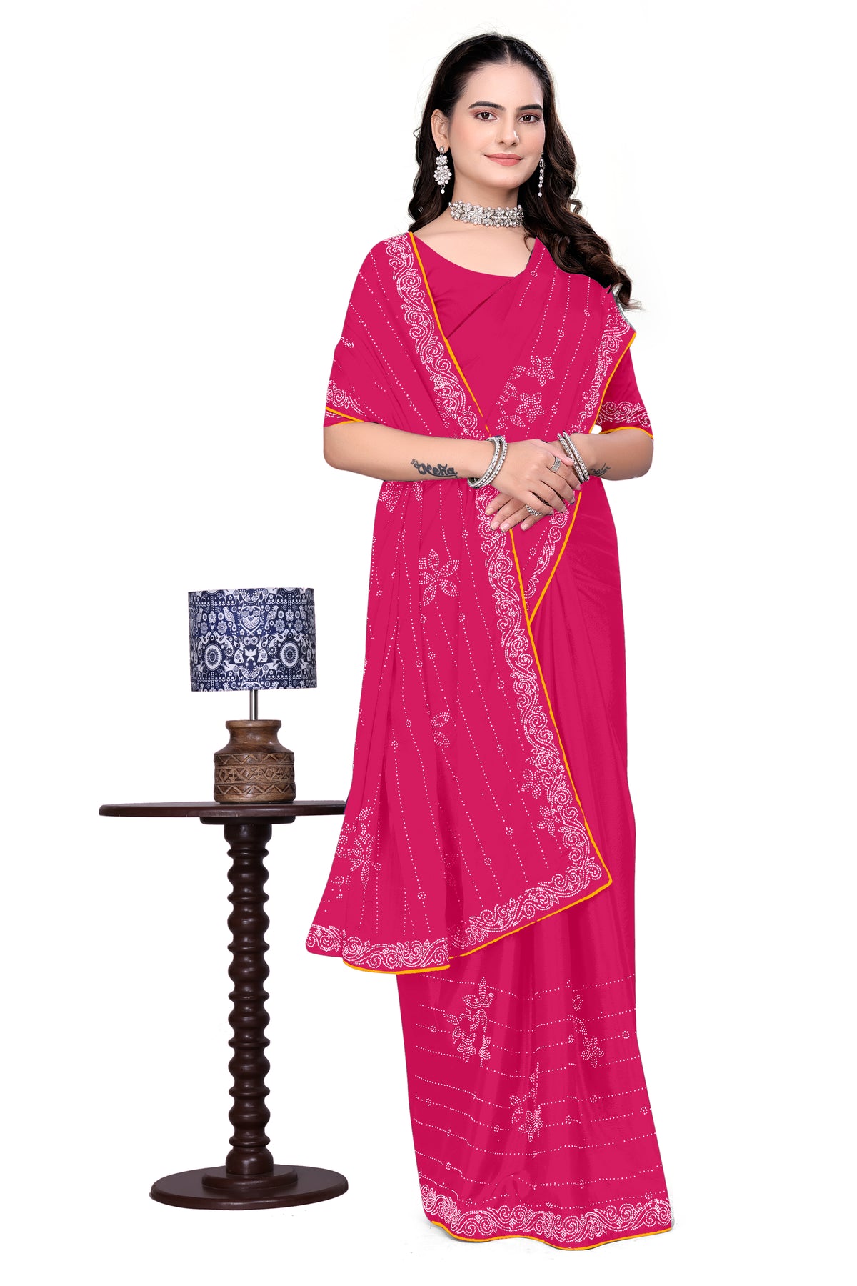 Chinon Saree with Heavy Silver Hotfix Diamonds Work | Eye-Catching Party Wear