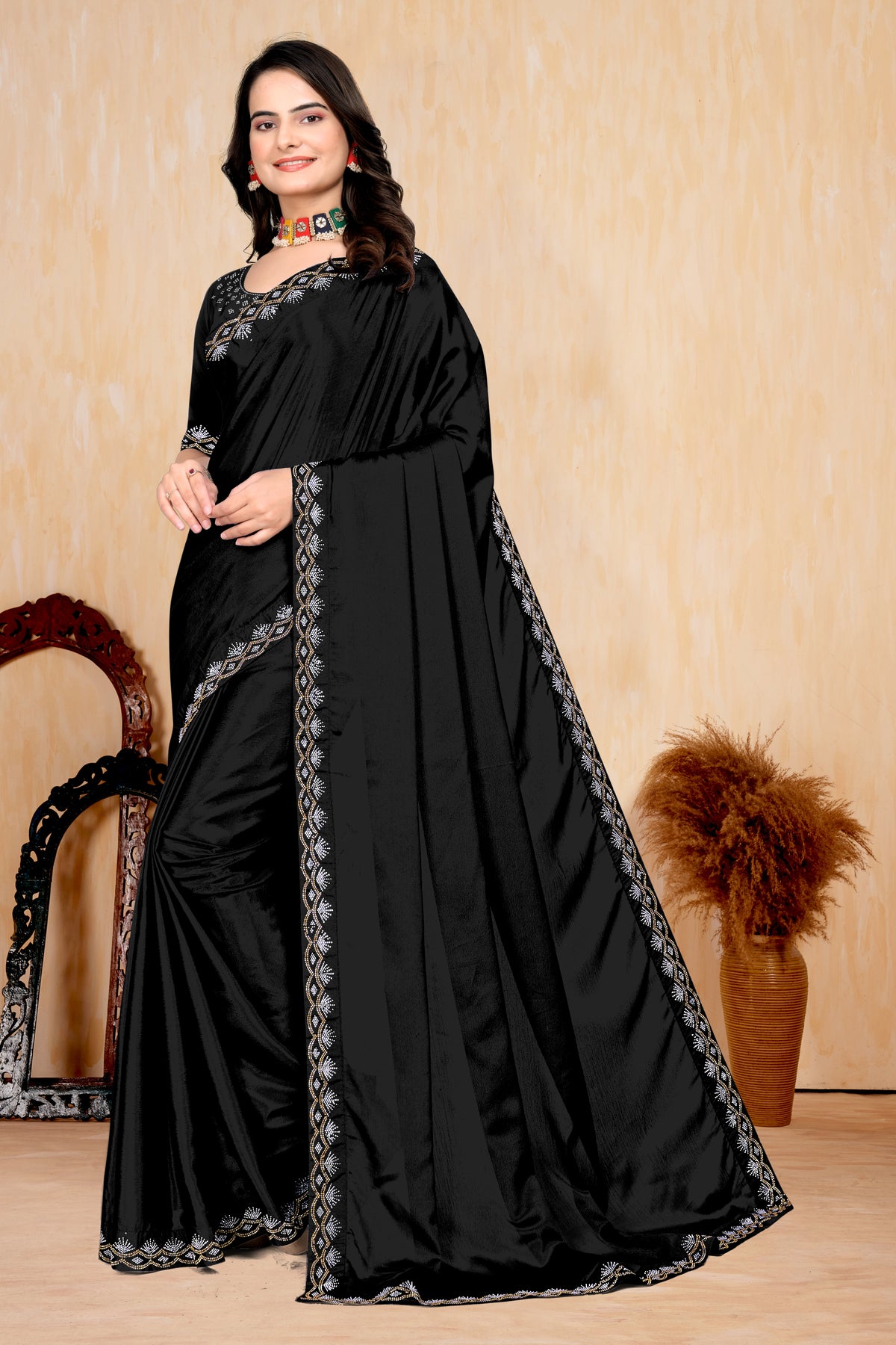 Chinon Saree with Silver & Gold Diamonds Border | Bridal, Party Wear | Affordable Price