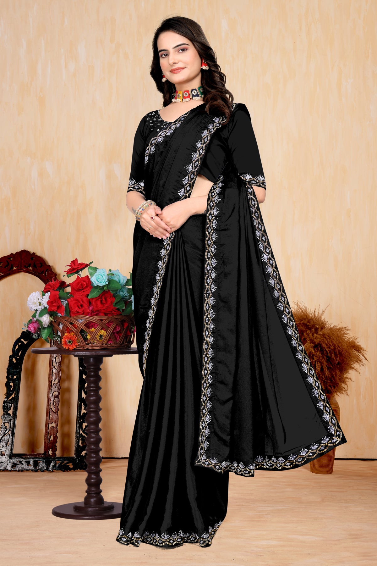 Chinon Saree with Silver & Gold Diamonds Border | Bridal, Party Wear | Affordable Price