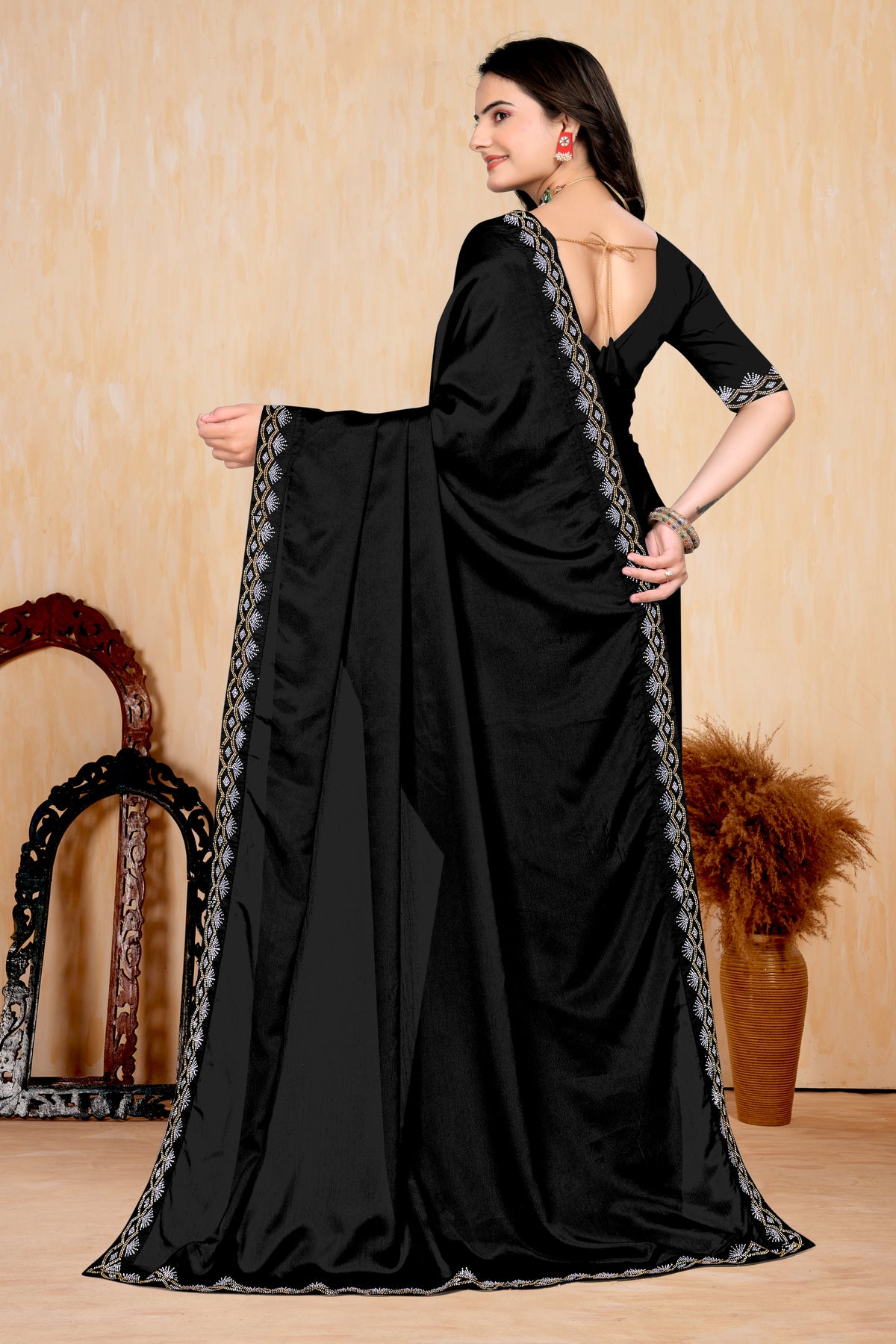 Chinon Saree with Silver & Gold Diamonds Border | Bridal, Party Wear | Affordable Price