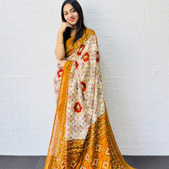 Traditional Patola Print Heavy Mul Cotton Saree with Unstitched Blouse Piece