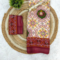 Traditional Patola Print Heavy Mul Cotton Saree with Unstitched Blouse Piece