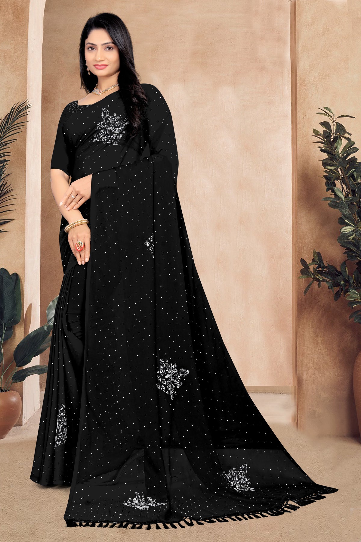 Black Georgette Saree with Siroski Stone Work | Lightweight Party & Wedding Wear
