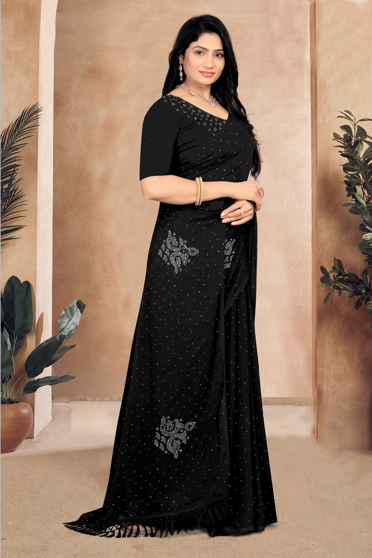 Black Georgette Saree with Siroski Stone Work | Lightweight Party & Wedding Wear