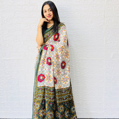 Traditional Patola Print Heavy Mul Cotton Saree with Unstitched Blouse Piece