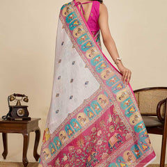 Elegant Handcrafted Linen Saree with Multicolor Folk Art Print, Contrast Border & Rich Pallu