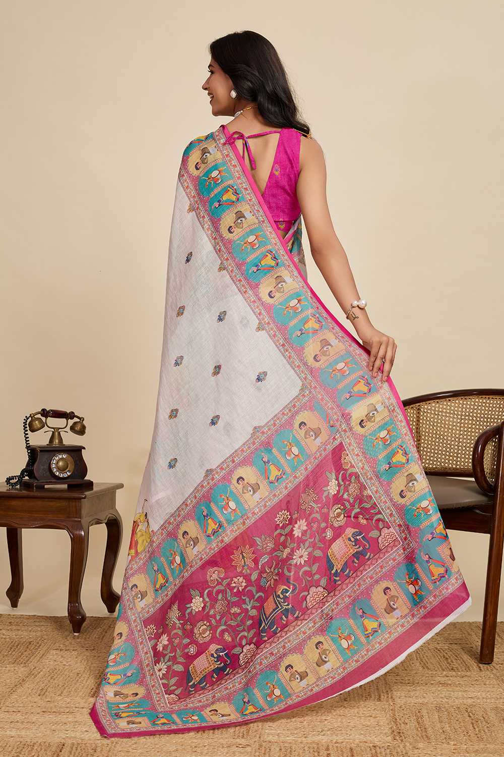 Elegant Handcrafted Linen Saree with Multicolor Folk Art Print, Contrast Border & Rich Pallu