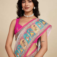 Elegant Handcrafted Linen Saree with Multicolor Folk Art Print, Contrast Border & Rich Pallu