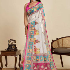 Elegant Handcrafted Linen Saree with Multicolor Folk Art Print, Contrast Border & Rich Pallu