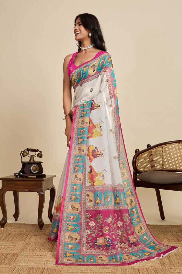 Elegant Handcrafted Linen Saree with Multicolor Folk Art Print, Contrast Border & Rich Pallu