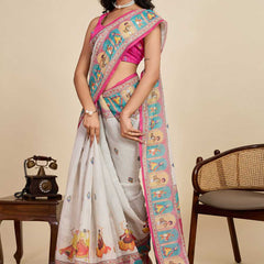 Elegant Handcrafted Linen Saree with Multicolor Folk Art Print, Contrast Border & Rich Pallu