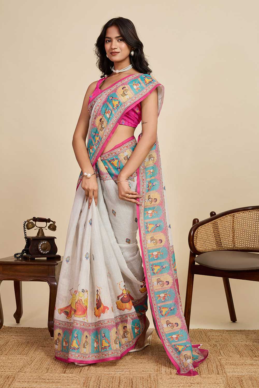 Elegant Handcrafted Linen Saree with Multicolor Folk Art Print, Contrast Border & Rich Pallu