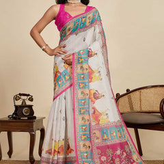 Elegant Handcrafted Linen Saree with Multicolor Folk Art Print, Contrast Border & Rich Pallu