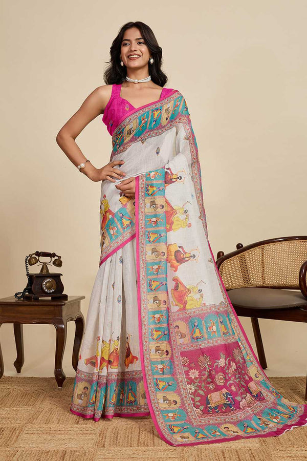 Elegant Handcrafted Linen Saree with Multicolor Folk Art Print, Contrast Border & Rich Pallu