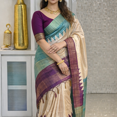 Elegant Tussar Silk Saree with Zig-Zag Border & Contrast Pallu