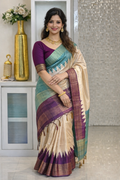 Elegant Tussar Silk Saree with Zig-Zag Border & Contrast Pallu