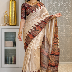 Soft Tussar Silk sarees with Beautiful Print With Attractive Pallu And Contrast Print Blouse With Tassels